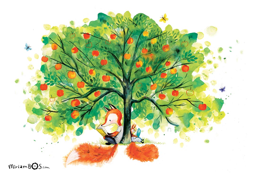 21x30cm (A4) Art print -August en Suus - Lezen is leuk! (onder de appelboom) 🍎