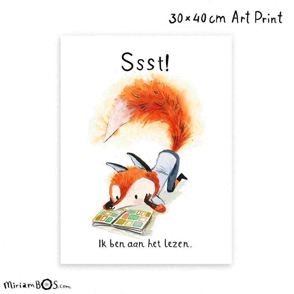30x40 cm Art Print - Ssst - Ik ben aan het lezen - met August de Vos