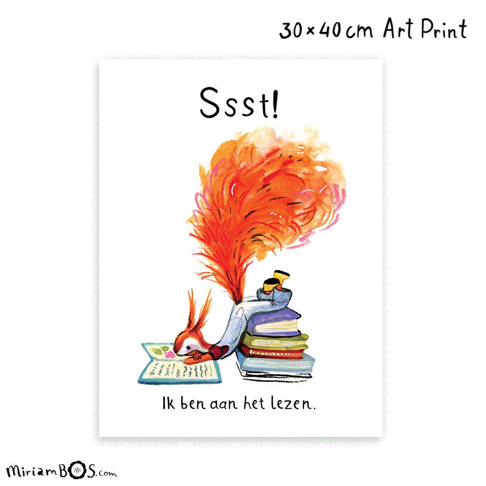 30x40 cm Art Print - Ssst - Ik ben aan het lezen - met Suusje Eekhoorn