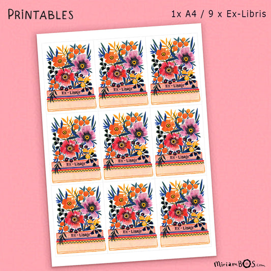 Zelf Printen - Ex-Libris - Bloemen op Stapeltje Boeken