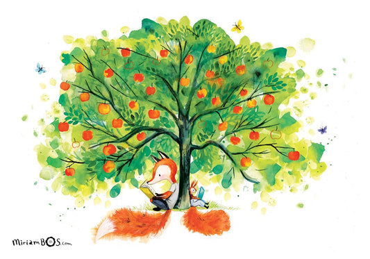 21x30cm (A4) Art print -August en Suus - Lezen is leuk! (onder de appelboom) 🍎