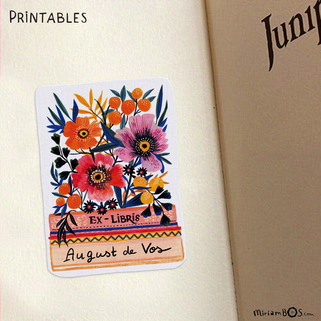 Zelf Printen - Ex-Libris - Bloemen op Stapeltje Boeken