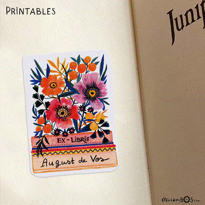 Zelf Printen - Ex-Libris - Bloemen op Stapeltje Boeken