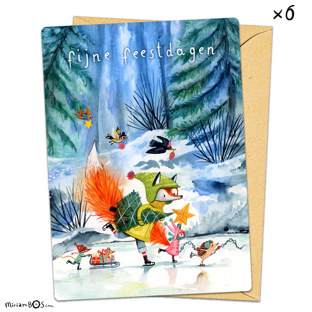 PRE-ORDER kerstkaart met envelop 2024 - 6 stuks - August en Suus op het ijs!