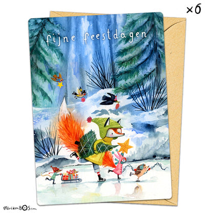 PRE-ORDER kerstkaart met envelop 2024 - 6 stuks - August en Suus op het ijs!