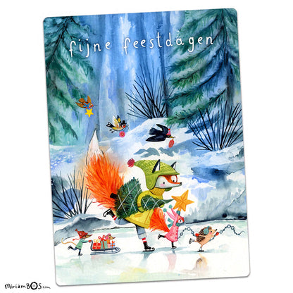 PRE-ORDER kerstkaart met envelop 2024 - 6 stuks - August en Suus op het ijs!