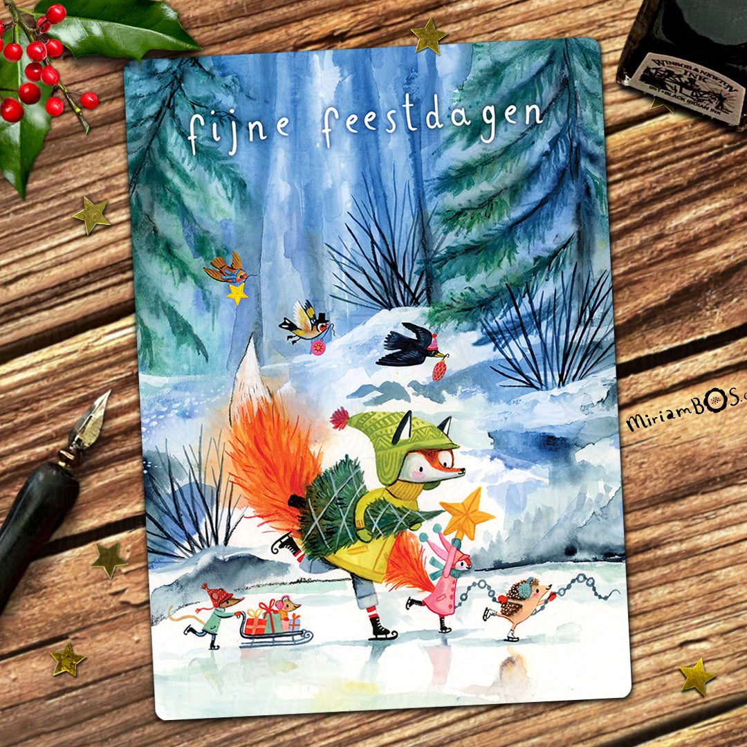 PRE-ORDER kerstkaart met envelop 2024 - 6 stuks - August en Suus op het ijs!