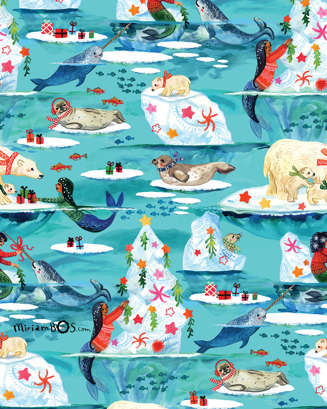 Furoshiki gift wrap - arctic holiday mermaids in sweaters